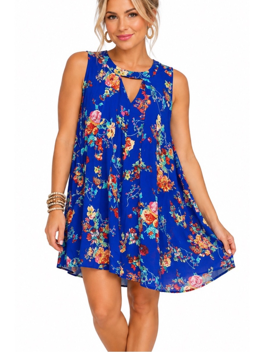 Boutique vibrant blue Hi-Low sleeveless dress featuring a colorful floral print